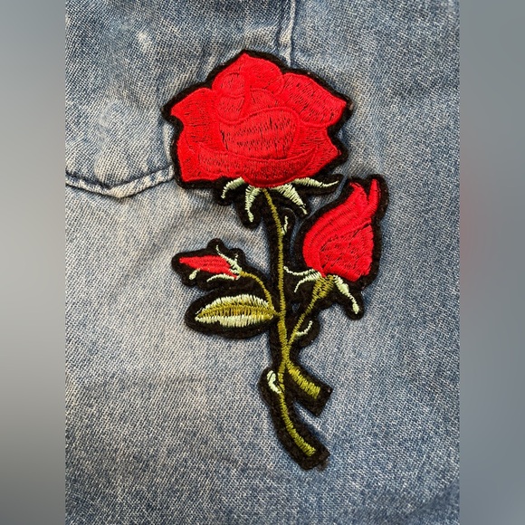 Zara denim shirt patches distressed unisex large button up boho Zip Code 1992 - Picture 9 of 13